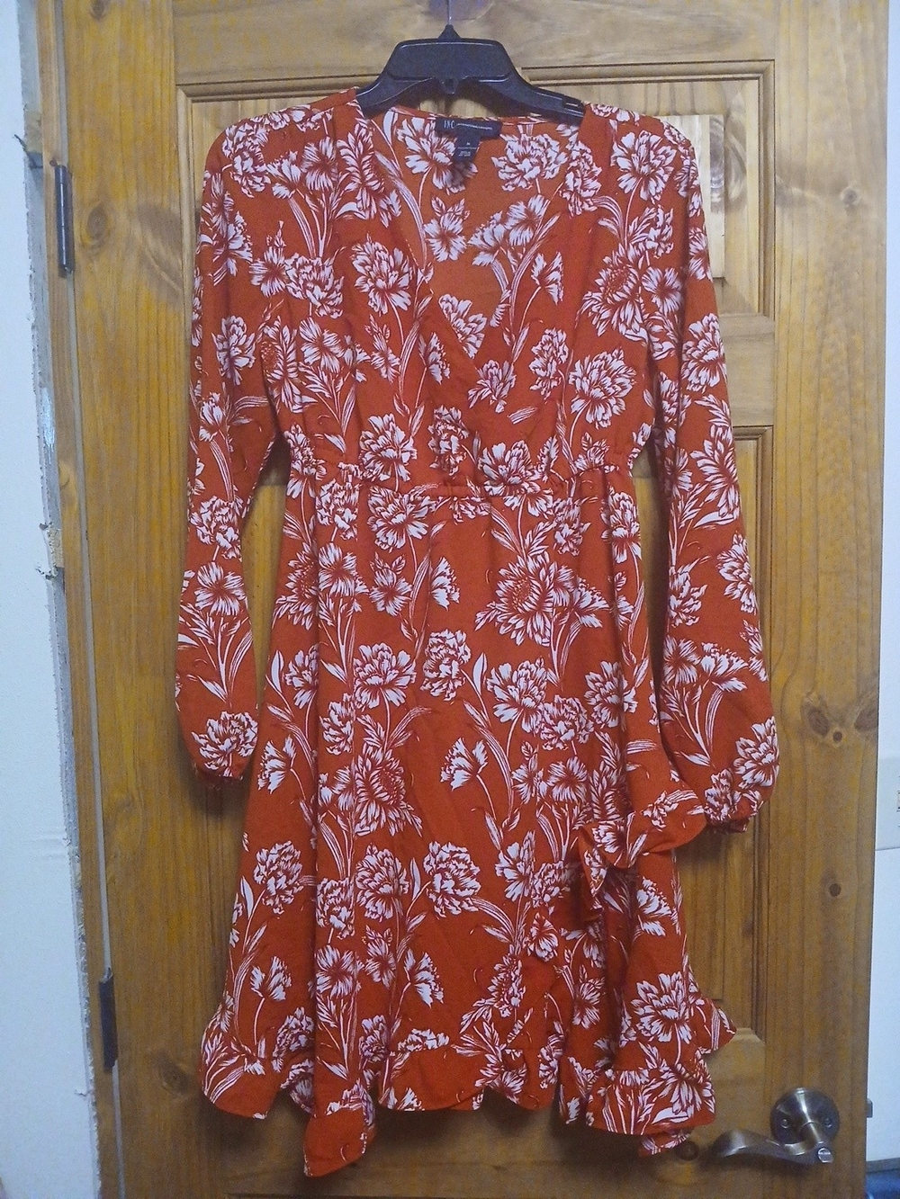 Red Floral Long Sleeve V-Neck Dress